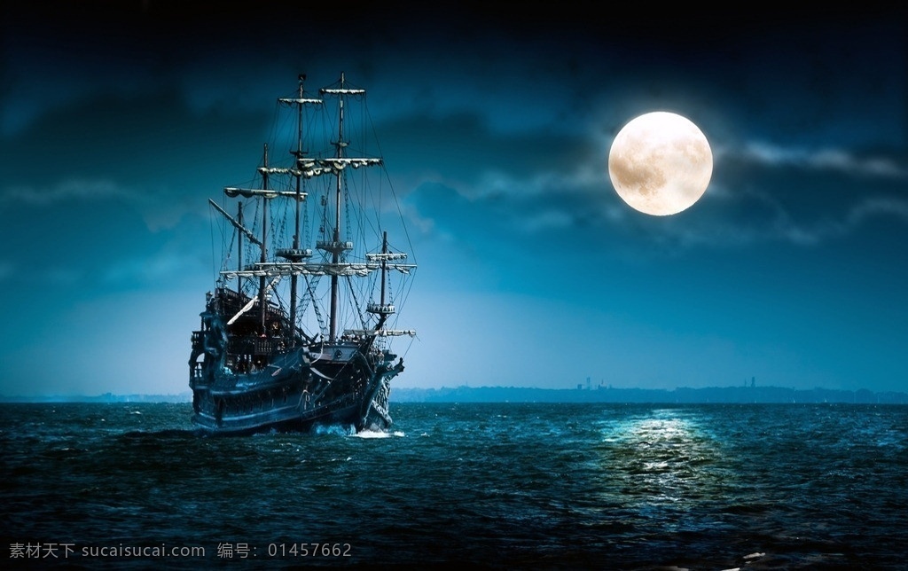 海上航行 夜空 月亮 满月 帆船 海景 大海 动漫风景 风景漫画 动漫动画