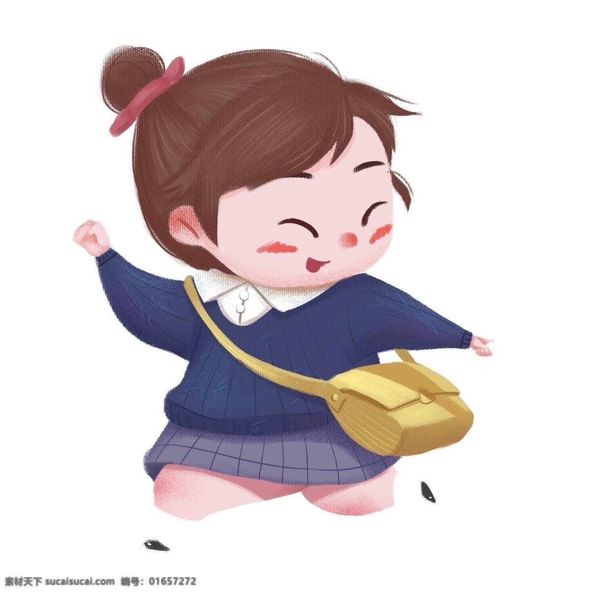 卡通 可爱 扎 丸子 头 女孩 学生 人物 插画 女生 小学生 读书 上学