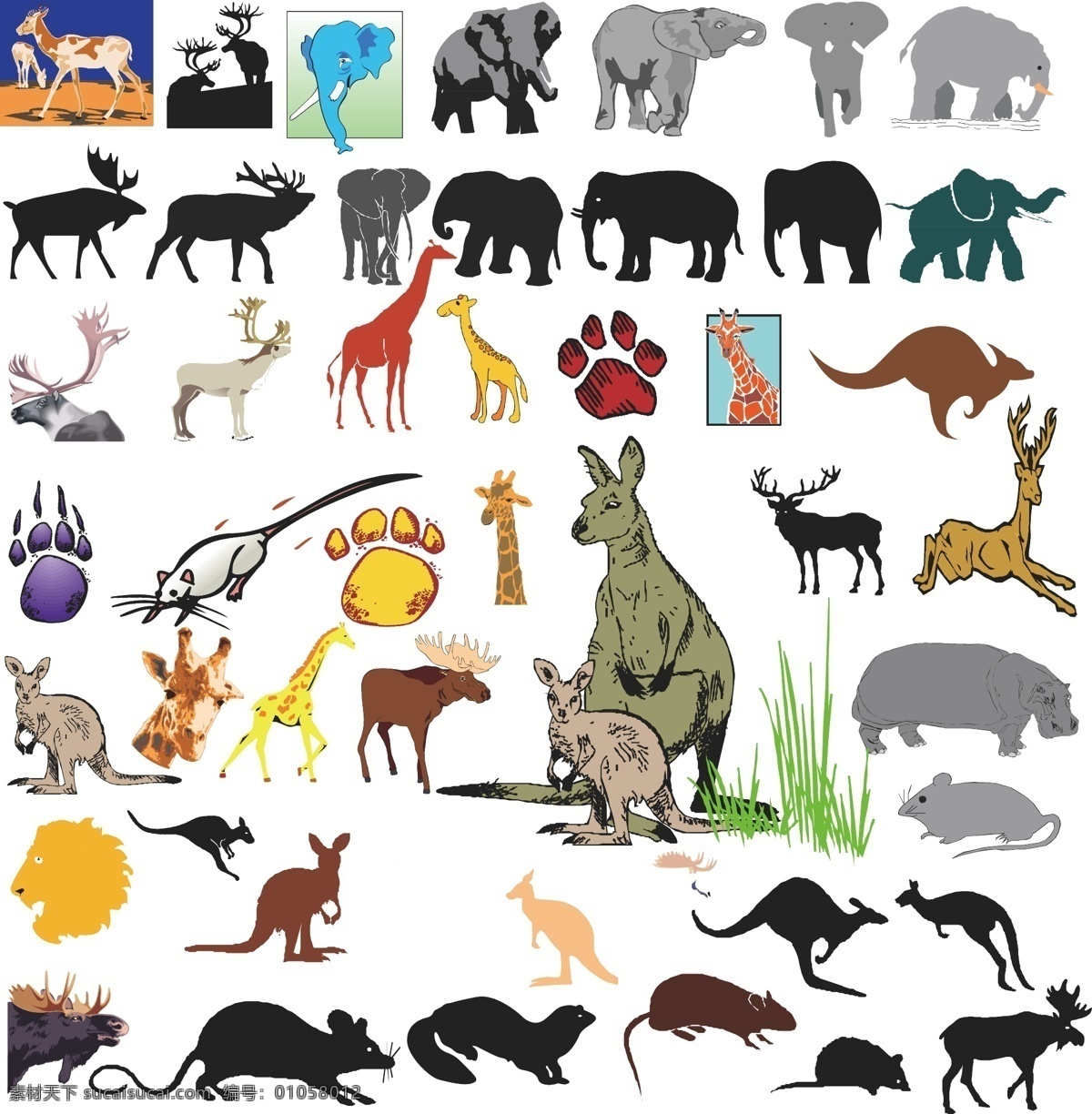 大象 袋鼠 麋鹿 动物 乐园 剪影 脚印 长颈鹿 动物图形元素 野生动物 生物世界 矢量