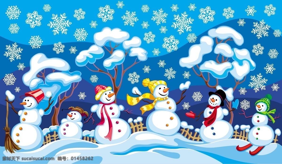 雪人 卡通圣诞背景 贺卡 冬天雪景 冬季 雪景 雪花 圣诞节 白雪 风景 手绘 背景 梦幻 矢量 梦幻冬天背景 底纹背景 底纹边框 底纹 节日素材