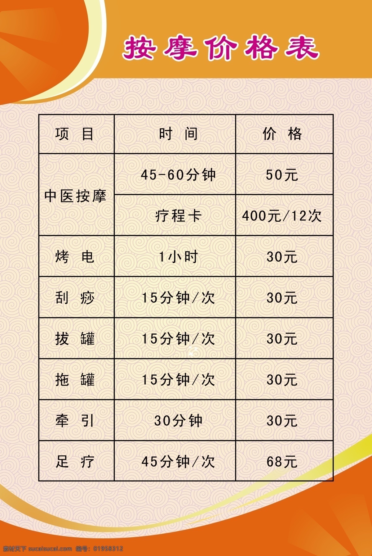 按摩价格表 版面 橘红色 价格表 中医 烤电 刮痧 拔罐 拖罐 牵引 足疗 展板背景 其他模版 广告设计模板 源文件