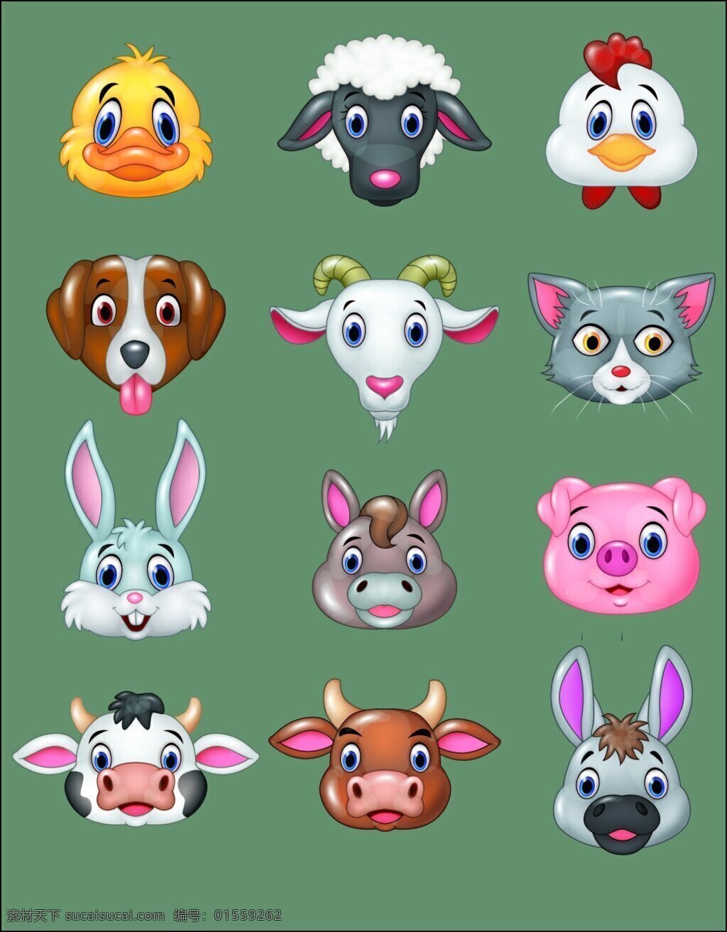 12种动物头 种 动物 头 卡通 矢量 绿色