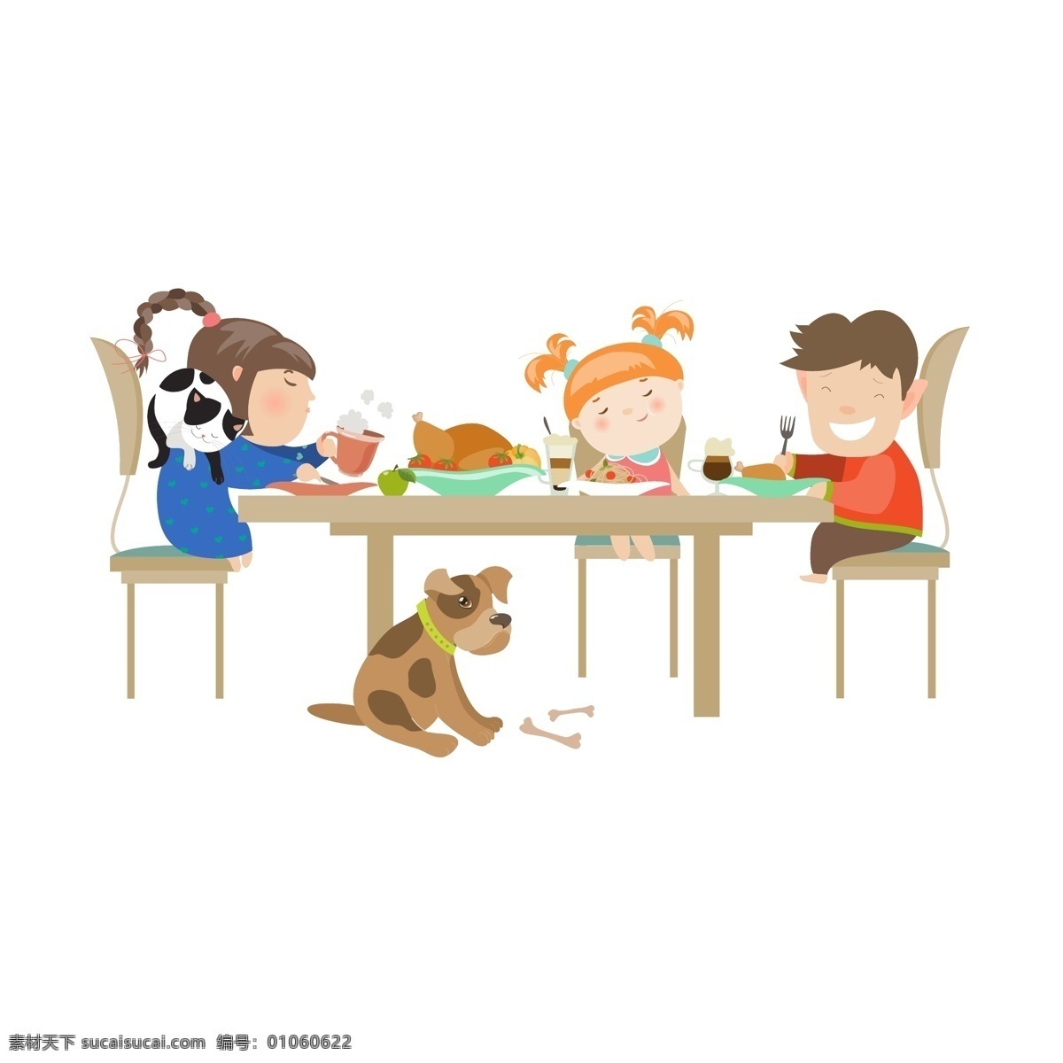 儿童 坐在 桌子 旁边 用餐 宠物 卡通素材 免抠素材 人物 食物 矢量插图