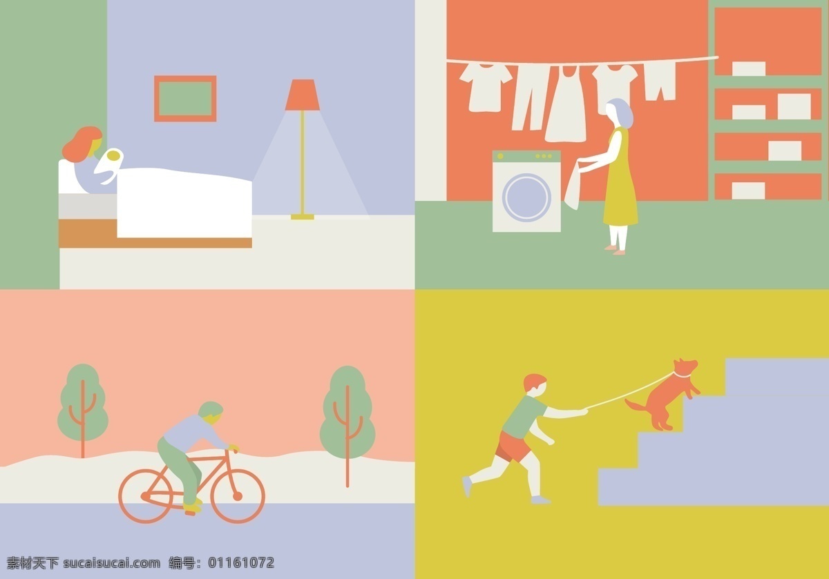 四 场景 插图 模式 背景 壁纸 装饰 装修 无缝的 时髦的 向量 粉彩 女人 衣服 骑自行车 洗衣 妈妈和孩子