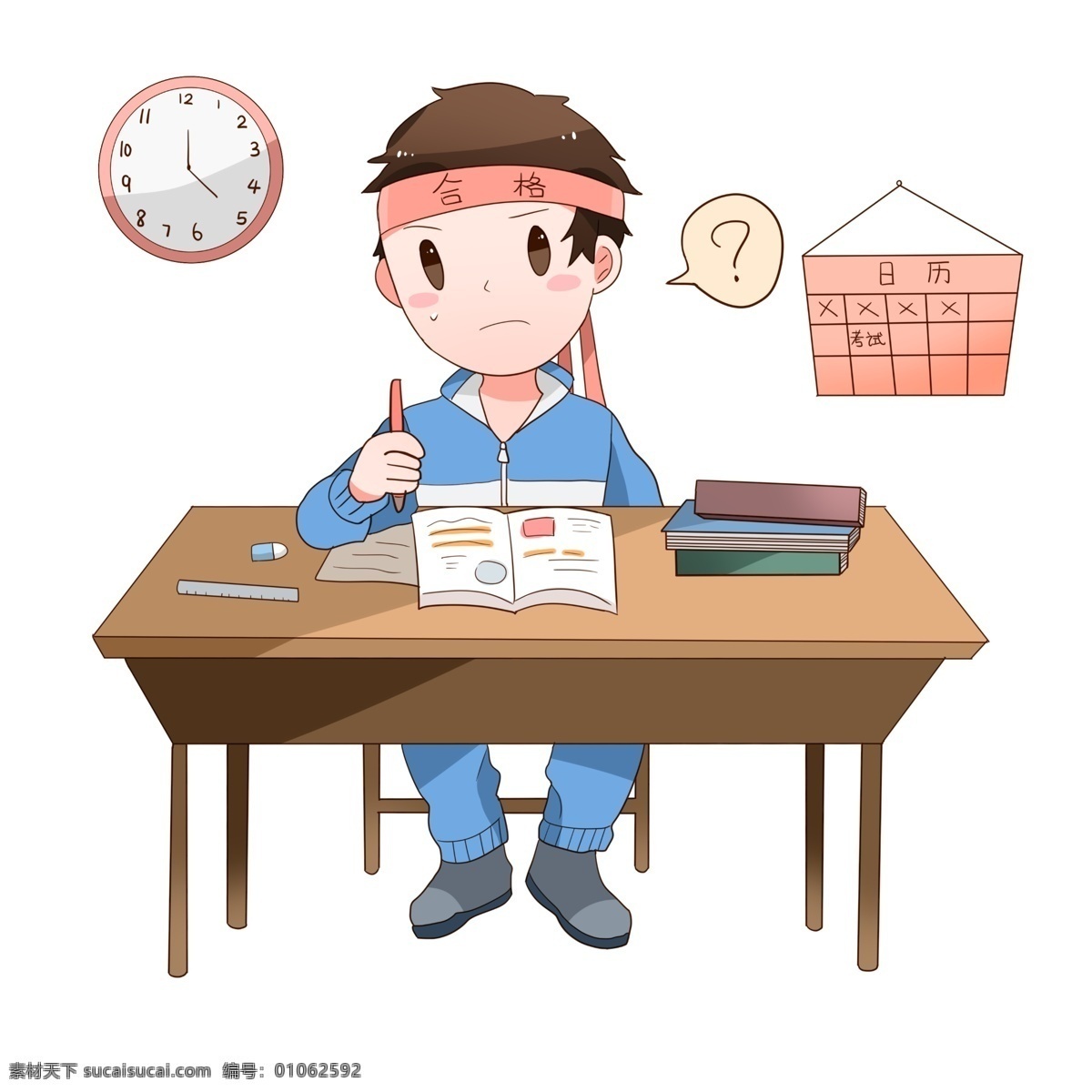 学校 考试 手绘 插画 学校考试 帅气的小男孩 红色的的日历 红色的钟表 考试卷 认真的思考 考试插画