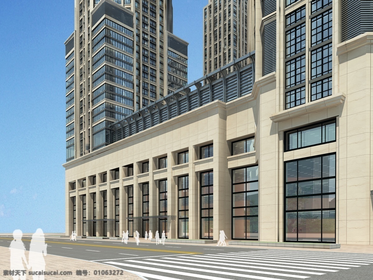 商务楼 效果图 人物 马路 房屋 建筑物 蓝色天空 环境设计 建筑设计 灰色