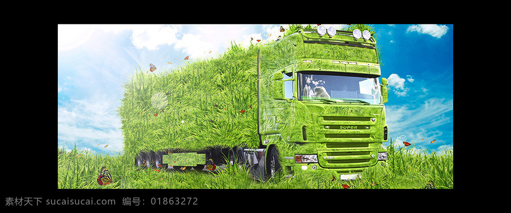 环保 大卡车 海报背景 创意海报背景 环保素材 绿色 绿草汽车 蓝天绿地 创意效果 黑色