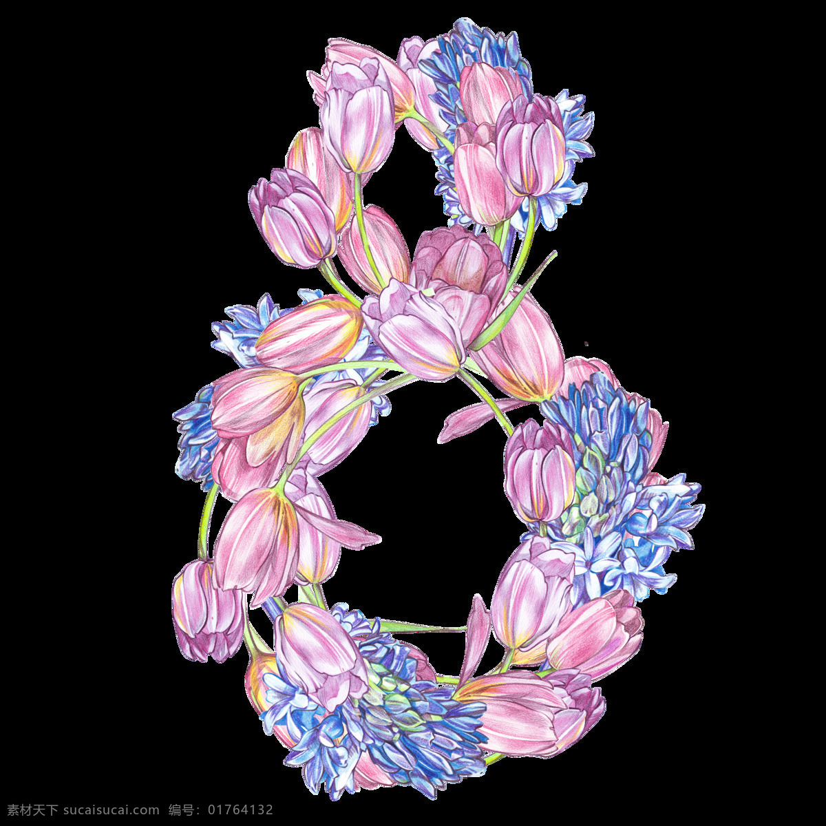 彩色 手绘 字 形状 花卉 花环 透明 粉红色 蓝色 郁金香 装饰 透明素材 免扣素材 装饰图片