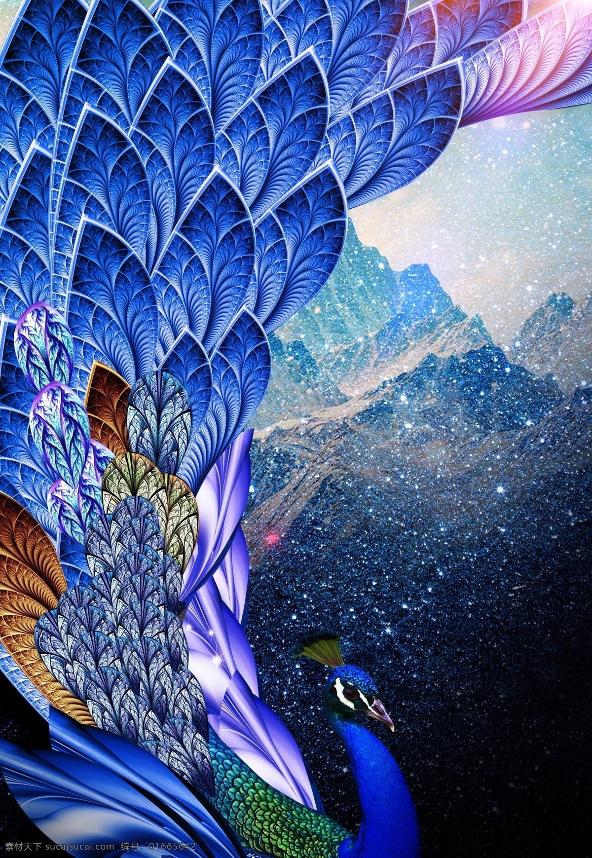 孔雀 繁星山水 羽毛 星星 亮点 蓝色