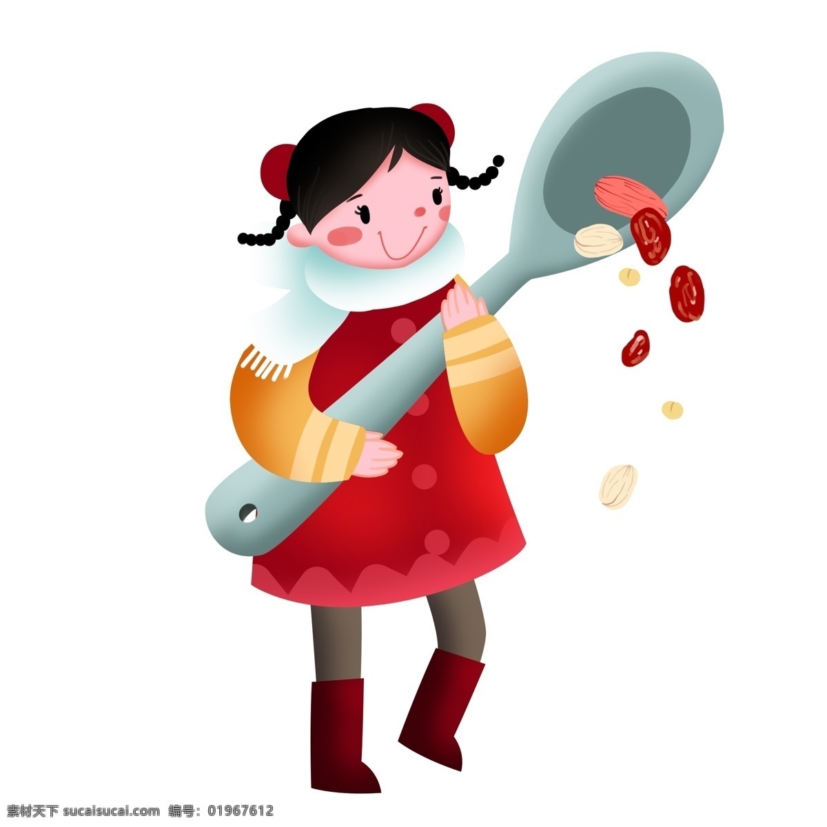 腊八节 人物 勺子 漂亮的小女孩 红色的发带 插画 蓝色的勺子 红色的红枣 蓝色的围巾
