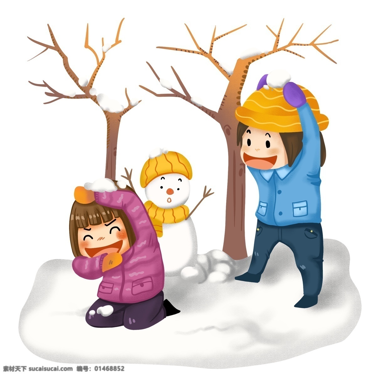 冬季 打雪仗 卡通 儿童 雪人 冬天 雪景 嬉戏 树
