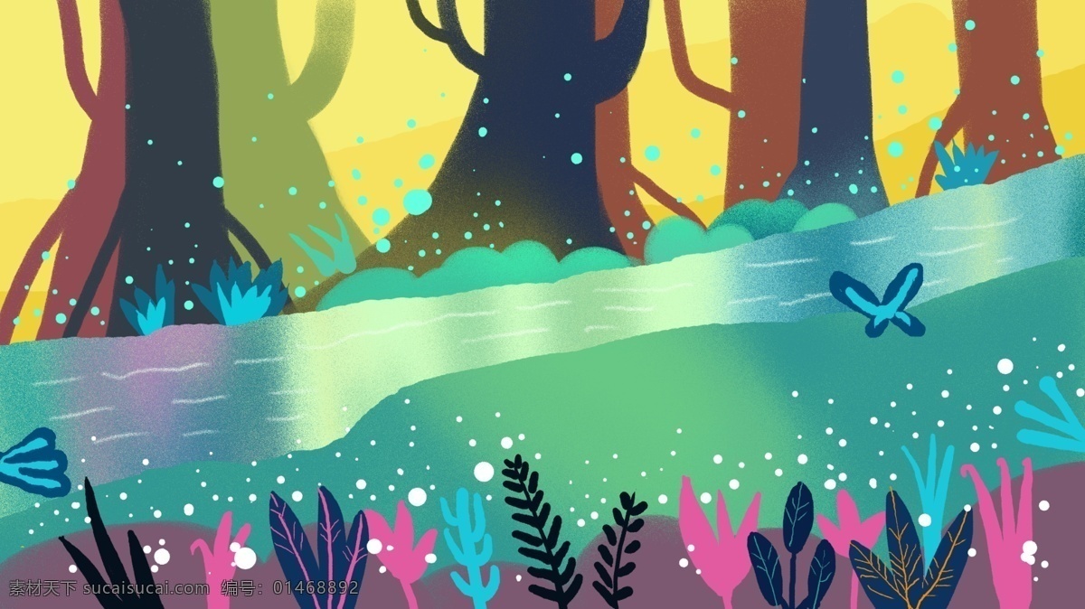 梦幻 仙境 树林 星空 背景 色彩背景 banner 水彩背景 晚安背景 树要 特邀背景 治愈背景 色彩渐变 手绘