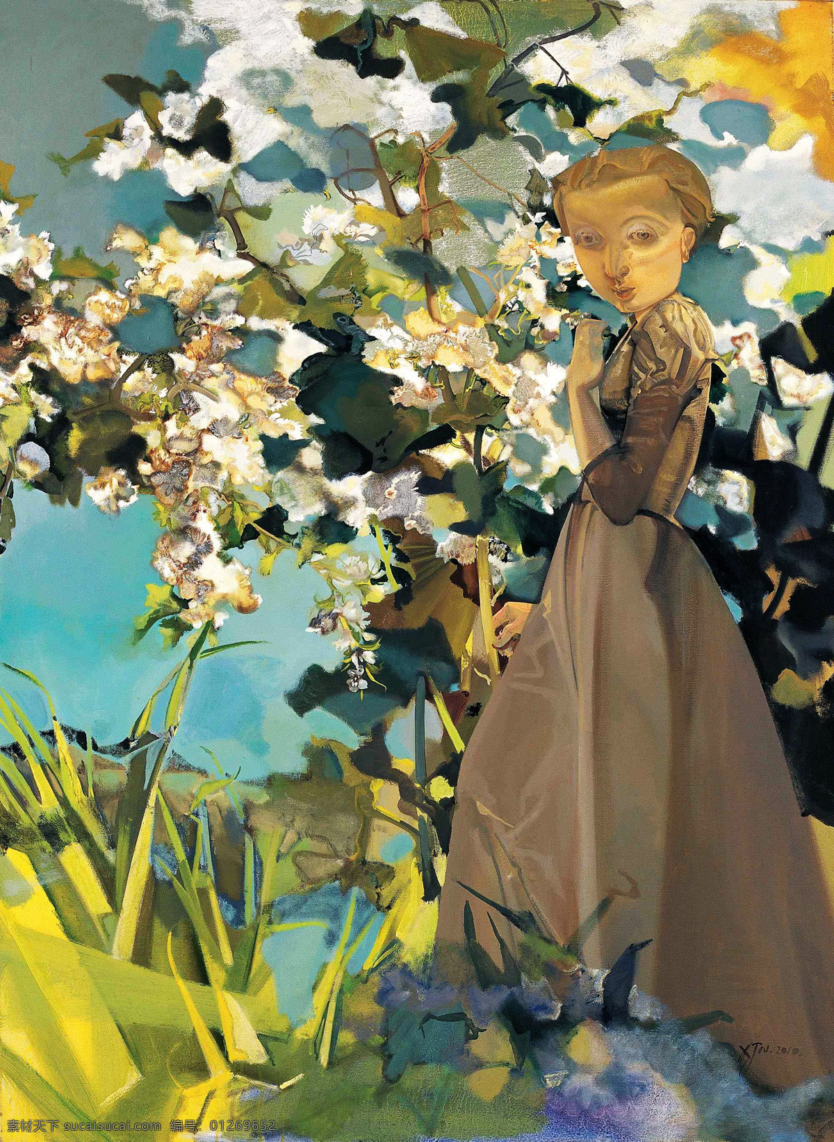 春色 风景 花朵 花木 绘画书法 美术 女人 女子 栖霞口的春天 油画 少妇 油画艺术 油画作品42 文化艺术 家居装饰素材
