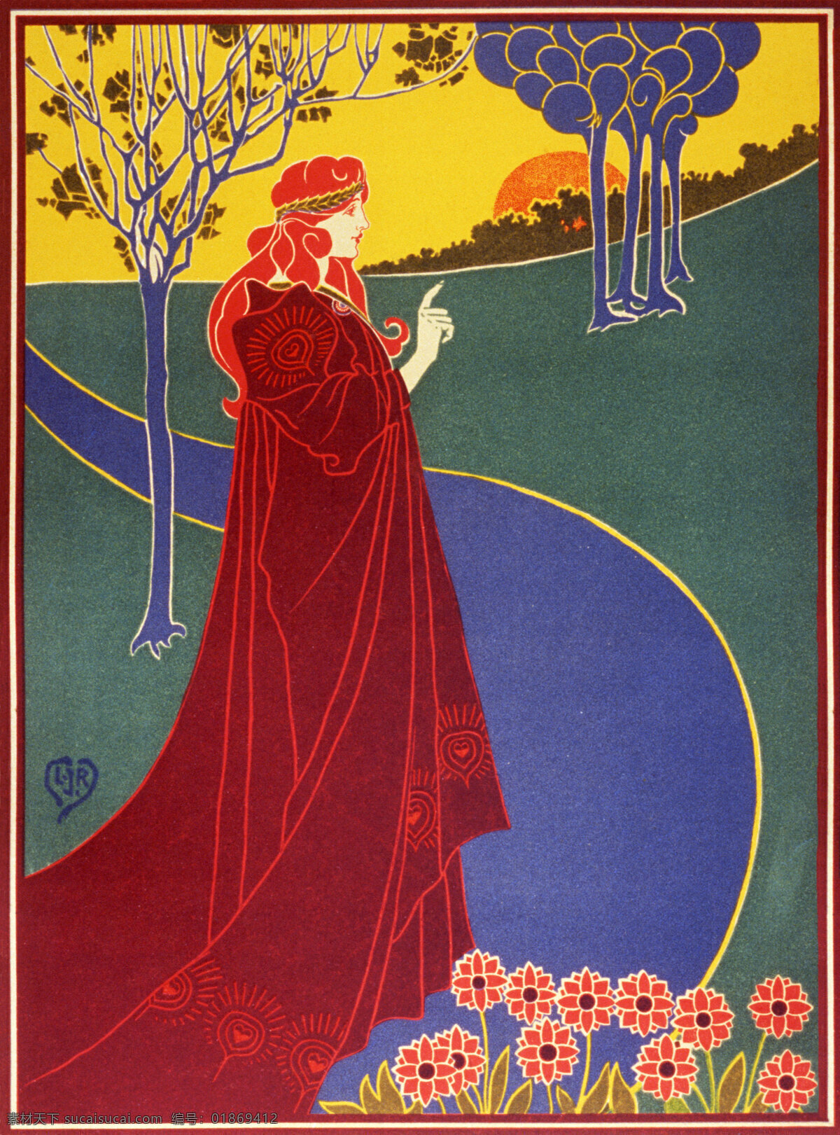 国外 红衣 花朵 女人 欧式海报 欧洲 人物 海报 设计素材 小路 树木 太阳 招贴设计 其他海报设计