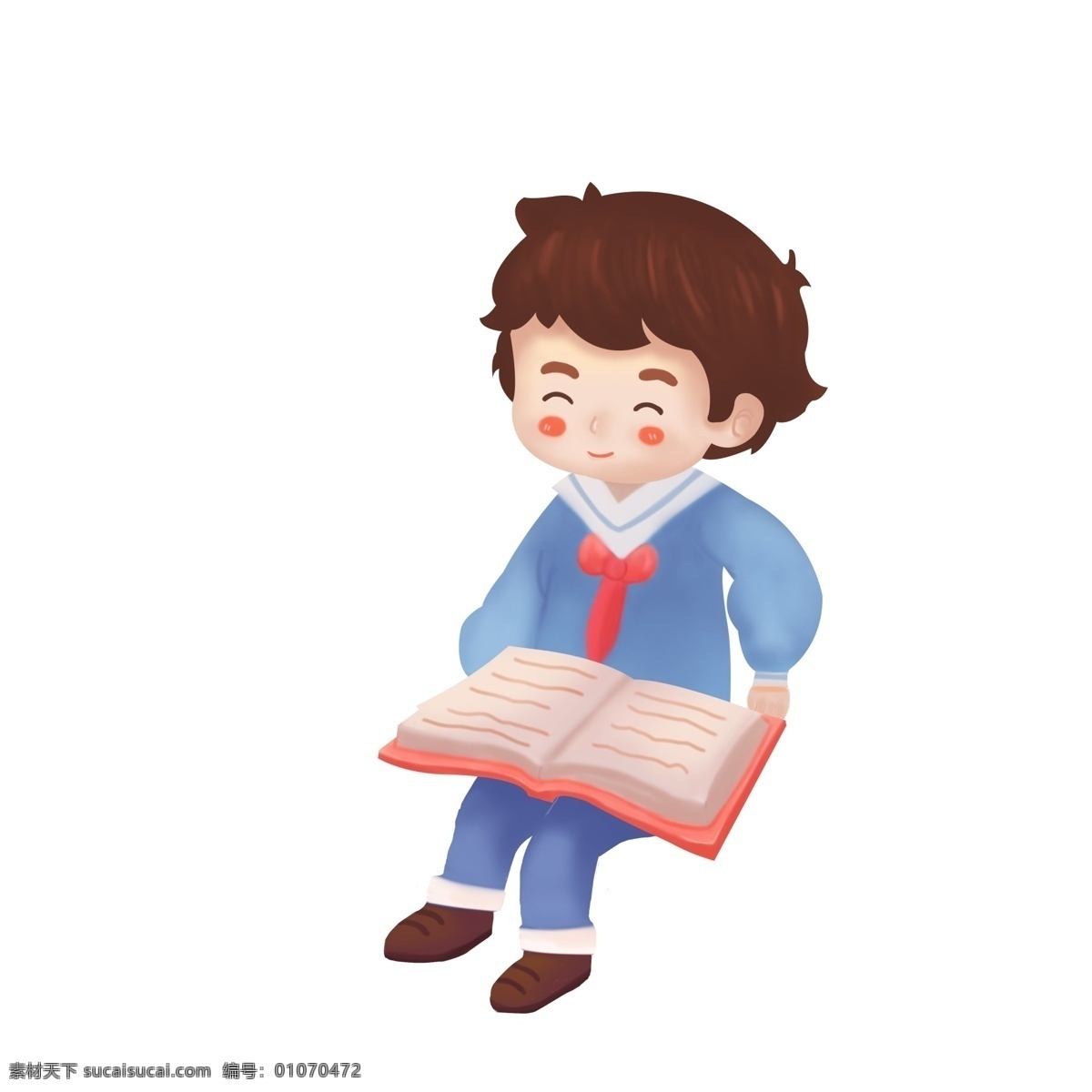 卡通 小 清新 看书 男孩 手绘 小清新 人物 学生 红领巾 插画