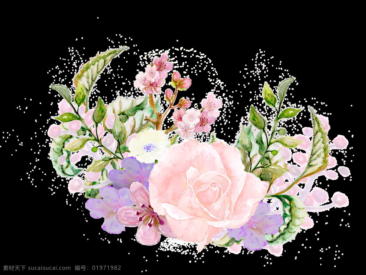 手绘 高贵 水彩 花卉 透明 淡粉色 淡紫色 绿色 免扣素材 桃花 透明素材 小碎花 叶子 装饰图案