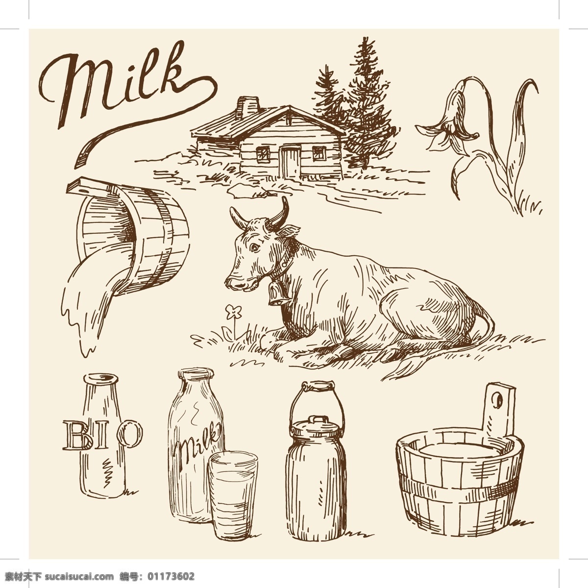 手绘 奶牛场 图标 矢量 奶牛 牛奶 钢笔画 木桶 器皿 图标矢量主题 小图标 标识标志图标