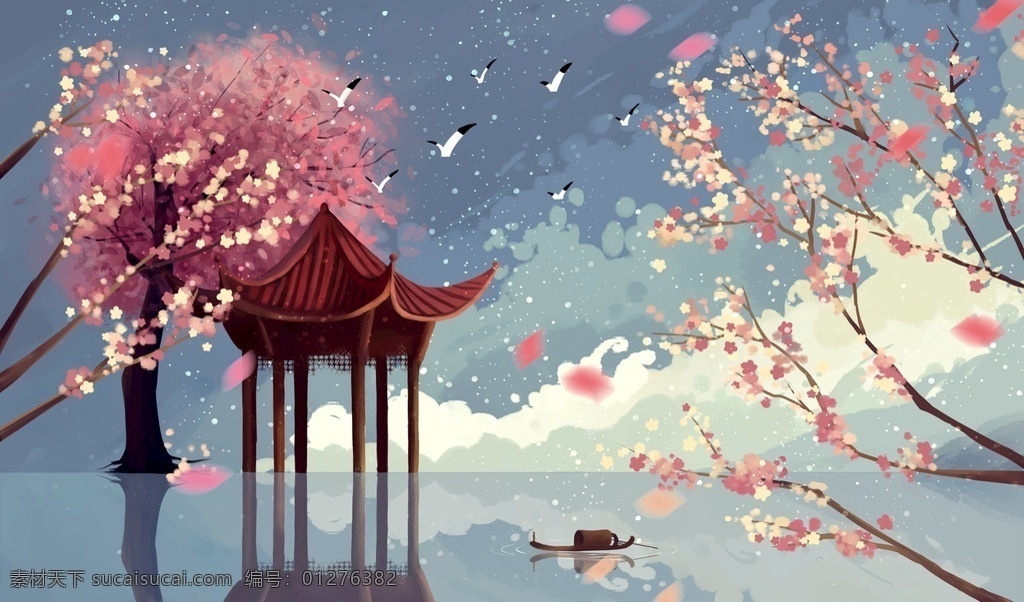 春天 桃花 亭 仙境 中国风 河流 蓝色 花瓣 船 动漫动画 风景漫画