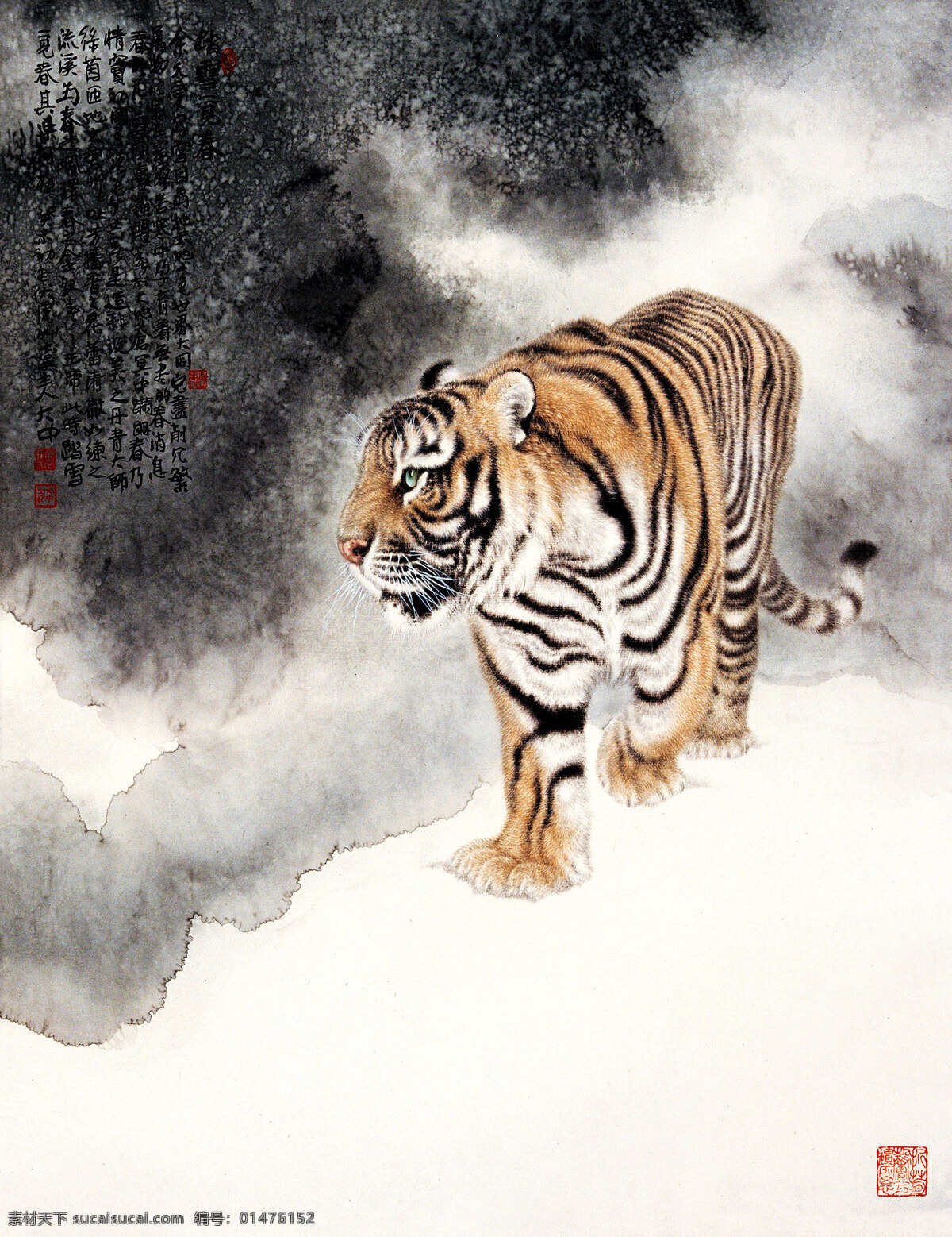 踏雪觅春 绘画 中国画 彩墨画 动物画 现代国画 老虎 猛兽 霸气 兽王 腾跃 雪野 觅食 国画艺术 书法 印章 国画老虎2 绘画书法 文化艺术