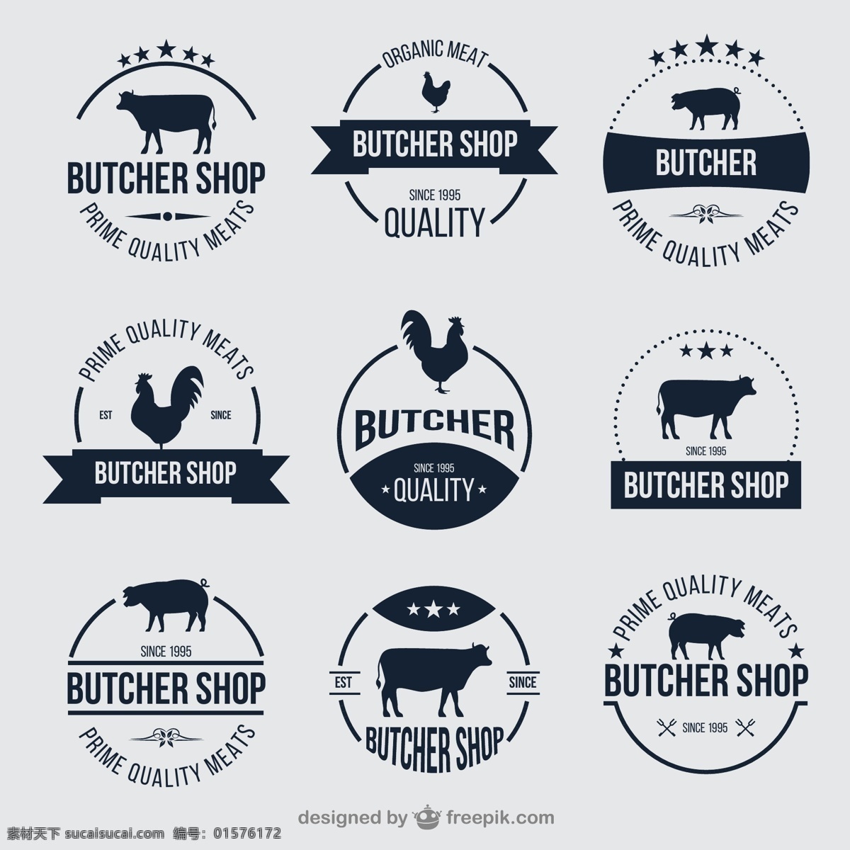 创意 肉店 圆形 标签 手绘插画 餐饮 牛 鸡 猪 肉铺 屠宰场 butcher shop 矢量素材 白色