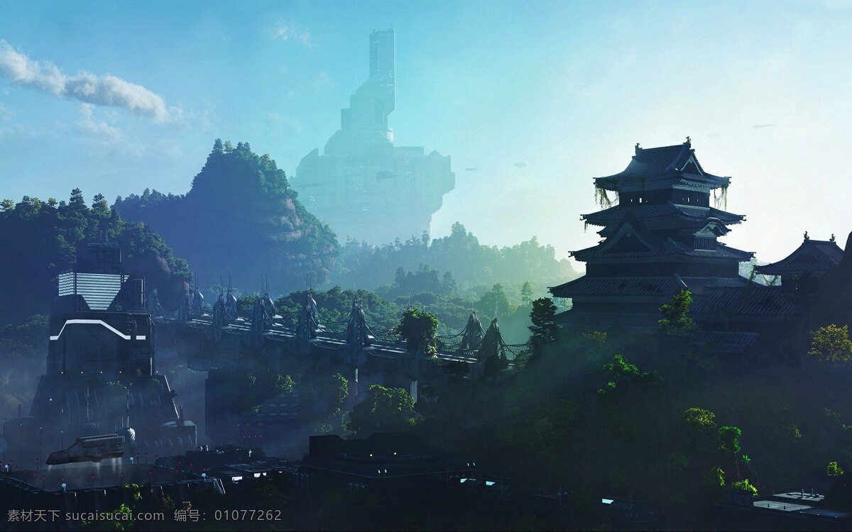 群山 建筑 阁楼 风景 森林 动漫动画 风景漫画