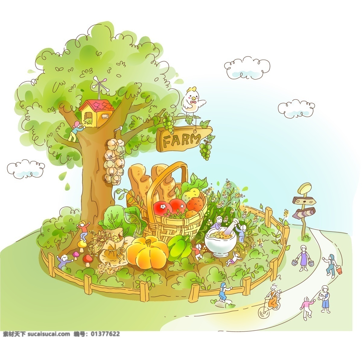 大树下 美食 插画 大树 绿色 手绘 童话 矢量图 其他矢量图