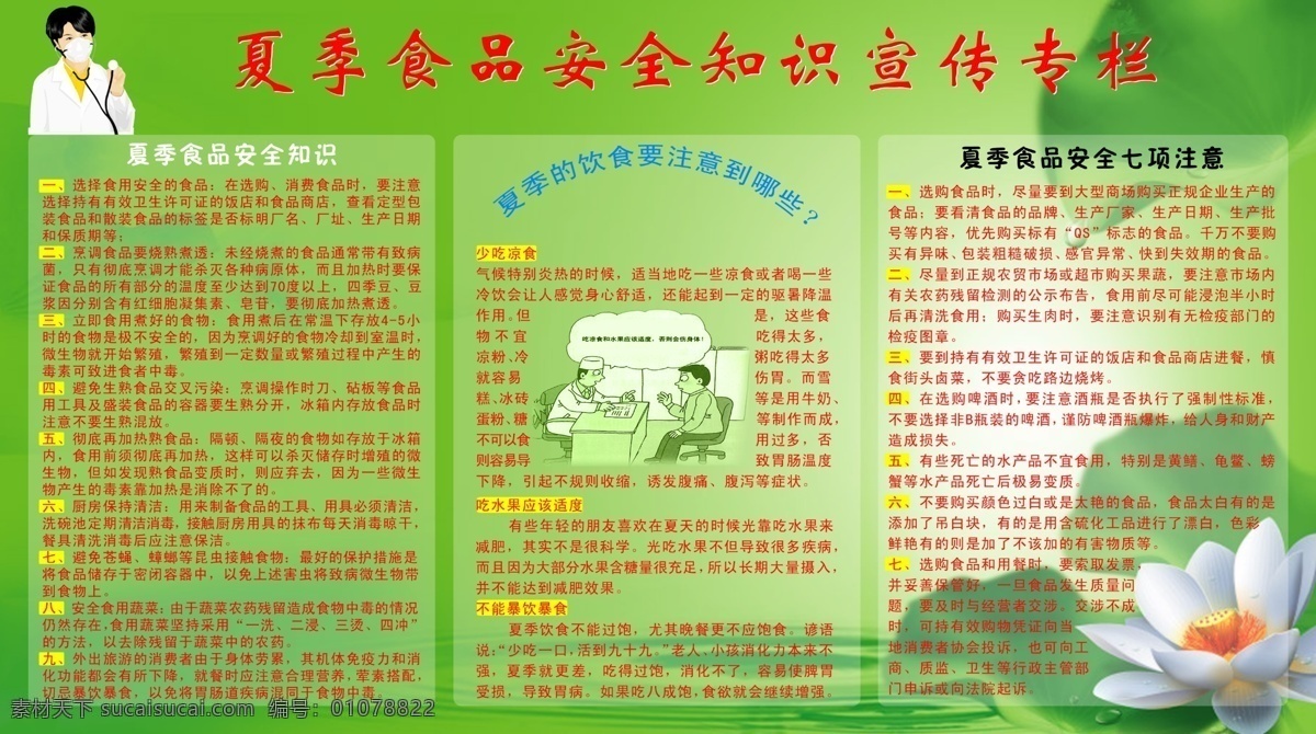 夏季 食品安全 知识 宣传 食品 安全 荷花 漫画 医生 绿色 绿叶 分层 源文件