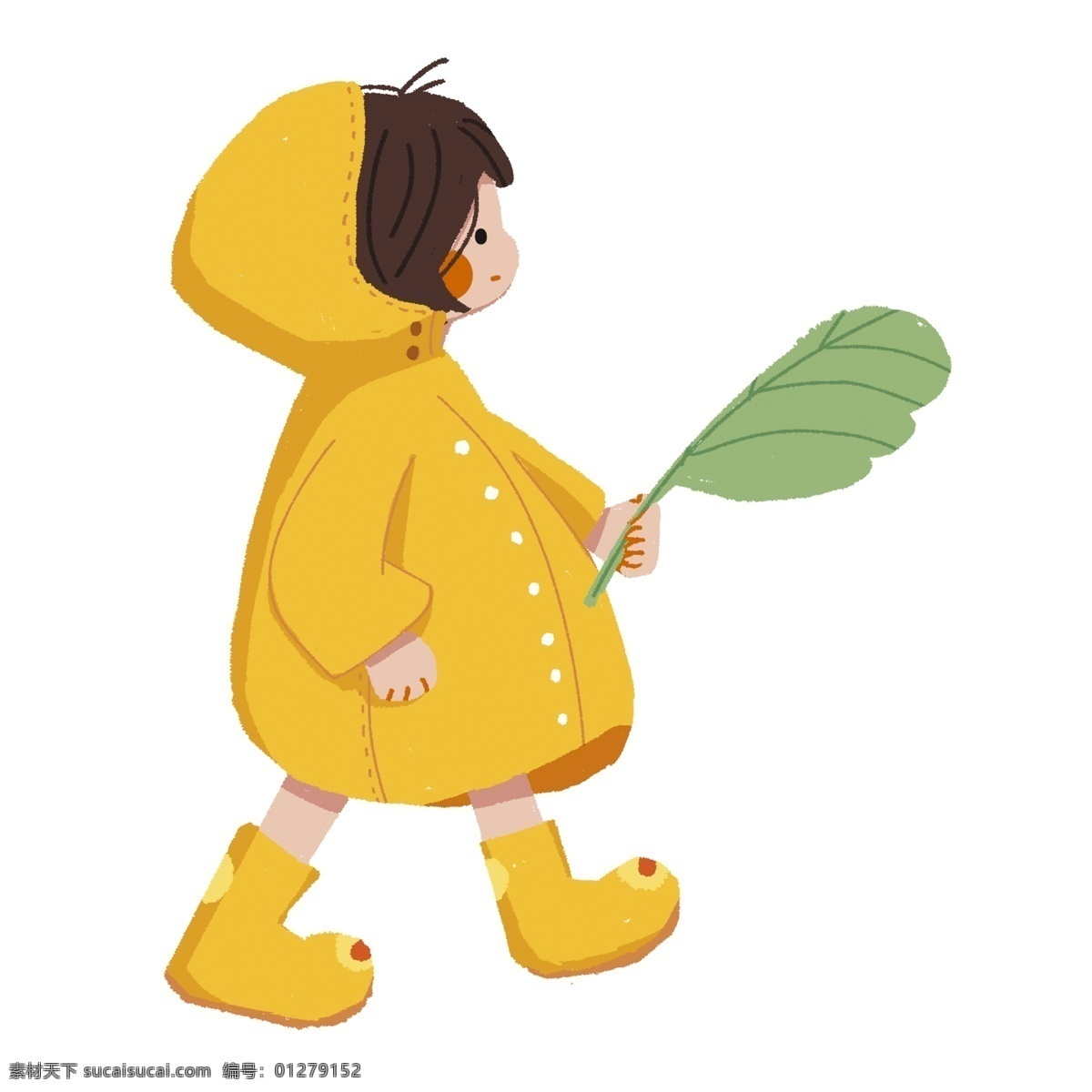 手绘 小 清新 树叶 女孩 黄色雨衣 插画 人物 小孩 绿叶