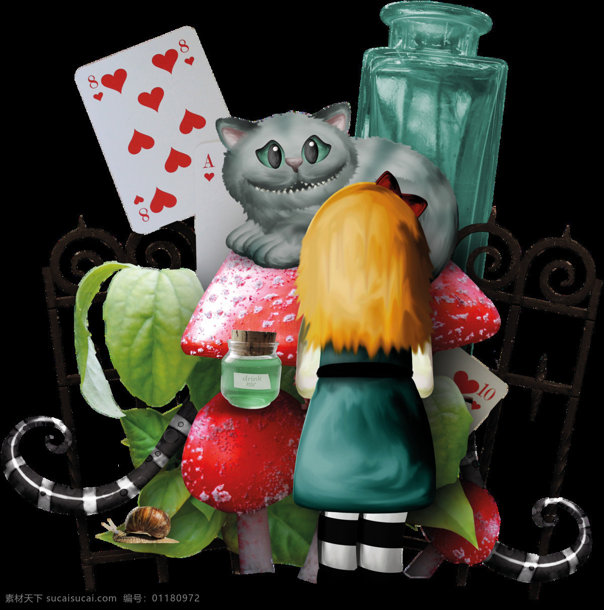 各种 童话 装饰 图案 元素 红桃心 花架 卡爱人物 猫咪 设计图案 童话人物 透明素材 装饰元素