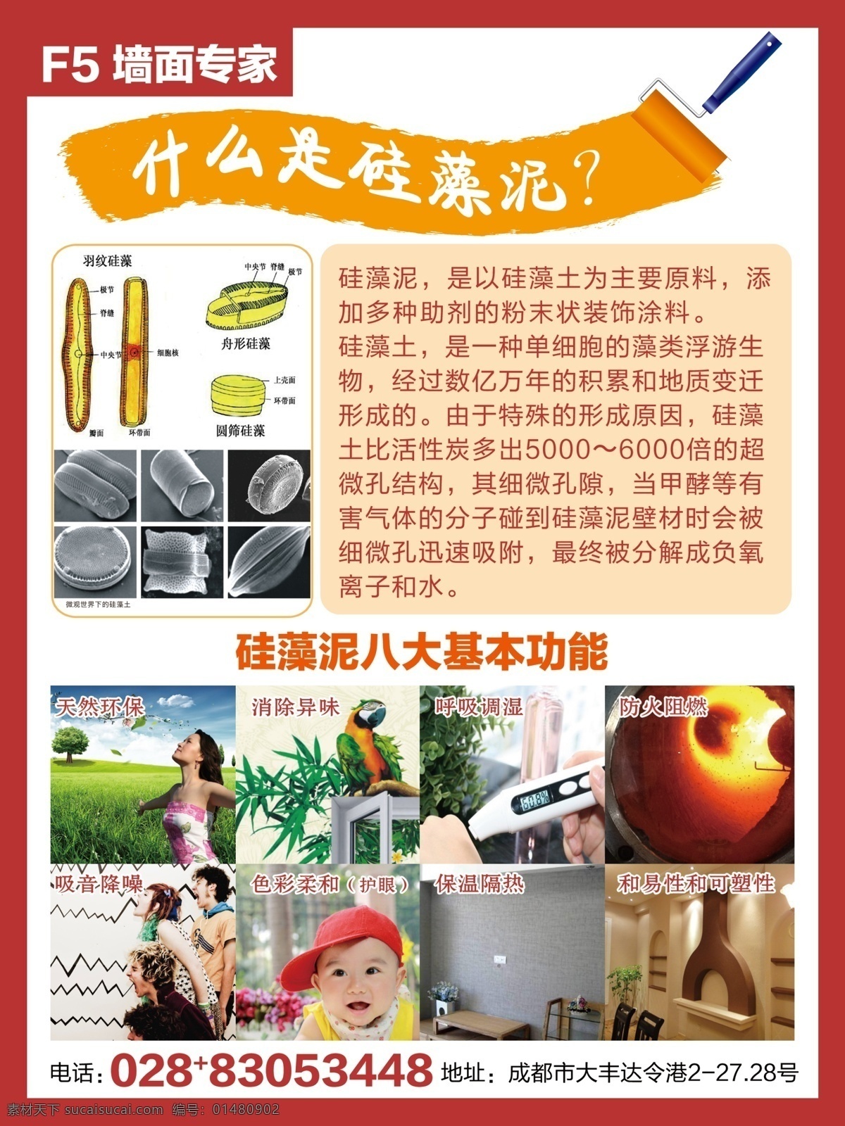 硅藻泥宣传页 什么是硅藻泥 硅藻泥功能 墙面材料海报 刷墙素材 滚筒印花 除甲醛 除苯 硅藻泥简介 硅藻泥海报 dm宣传单 广告设计模板 源文件