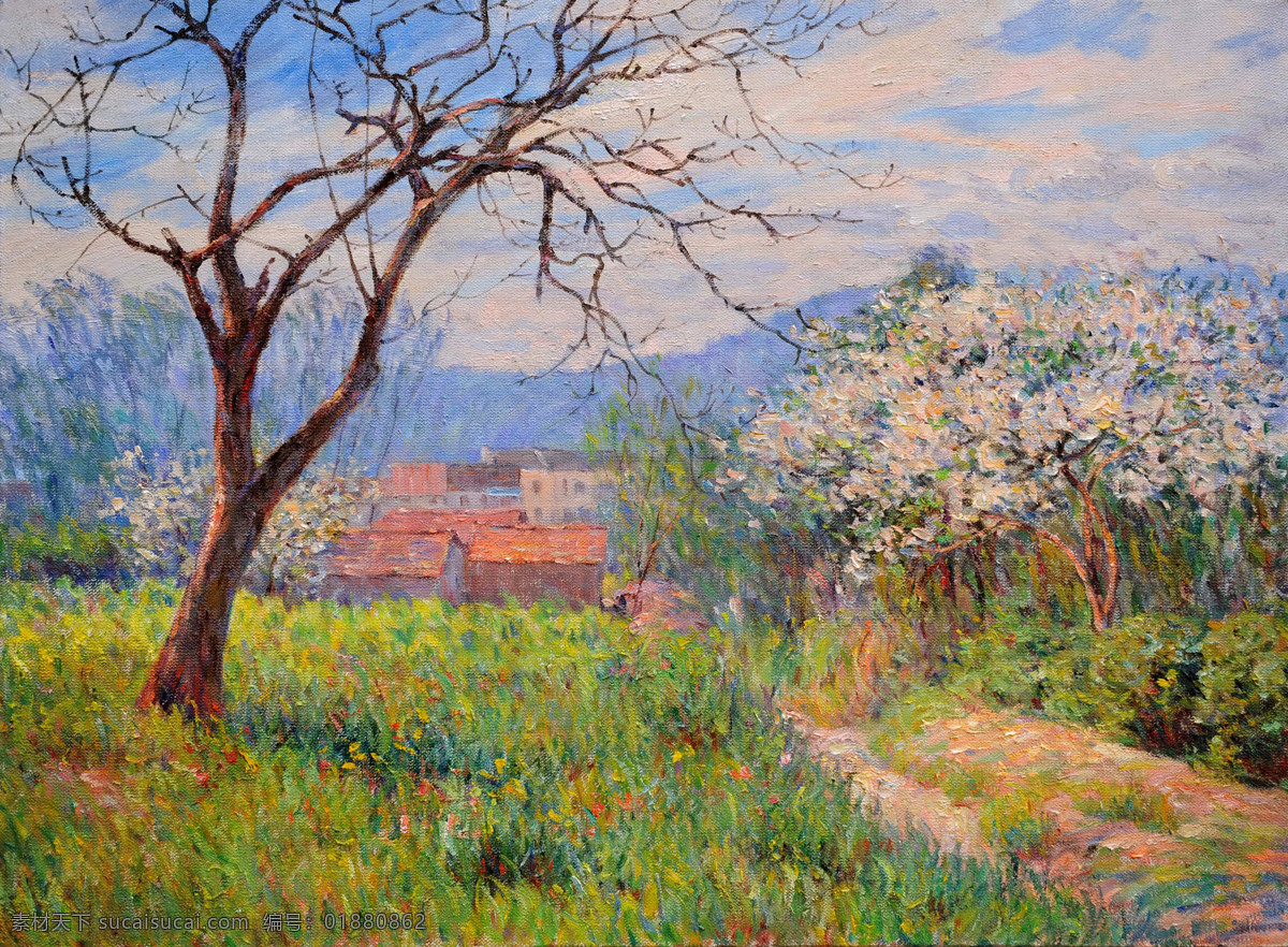 房屋 风景 花木 绘画书法 绿草 美术 山岭 查 济 春天 设计素材 模板下载 油画 乡村 树木 油画艺术 油画作品53 文化艺术