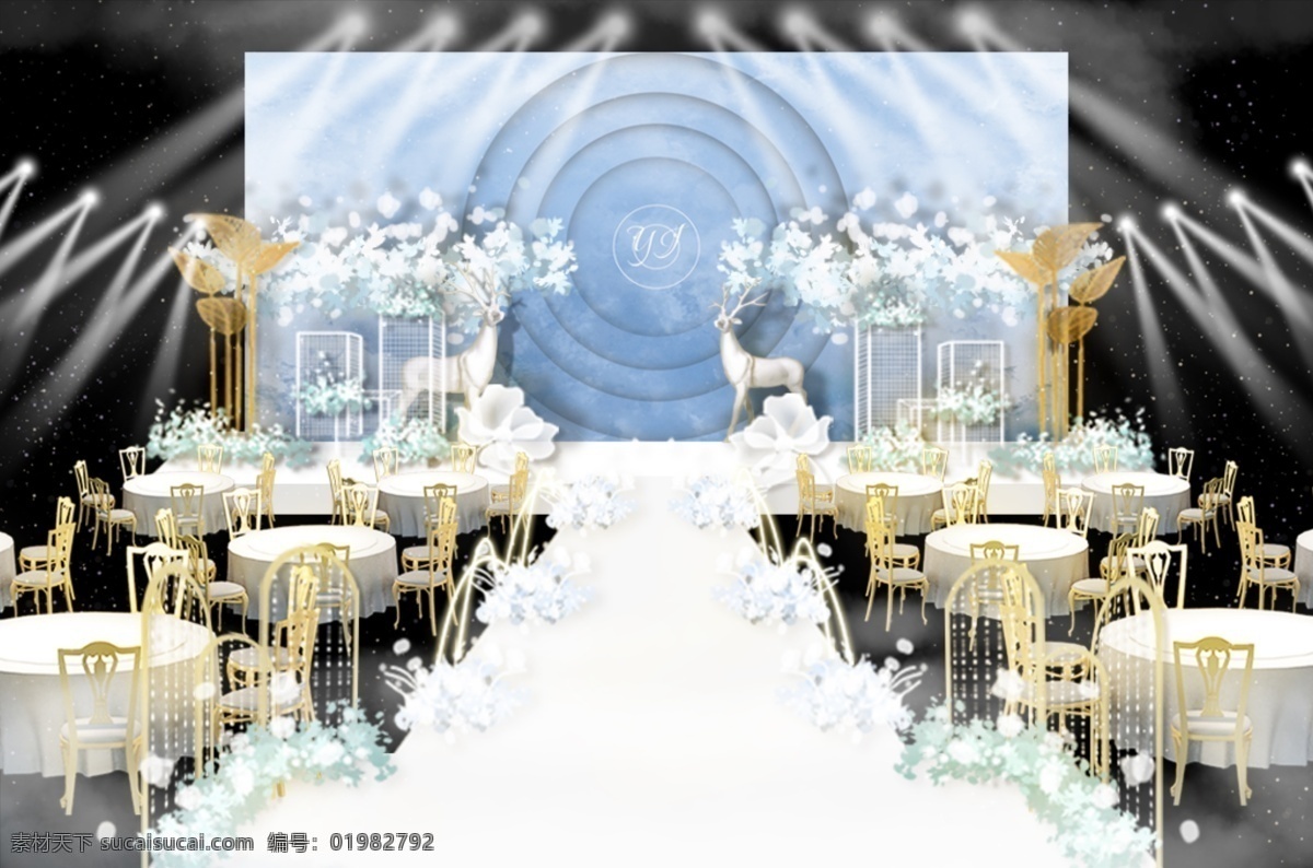蓝色 舞台 婚礼 效果图 蓝色系 舞台效果图 小鹿 花艺 桌椅 芭蕉叶