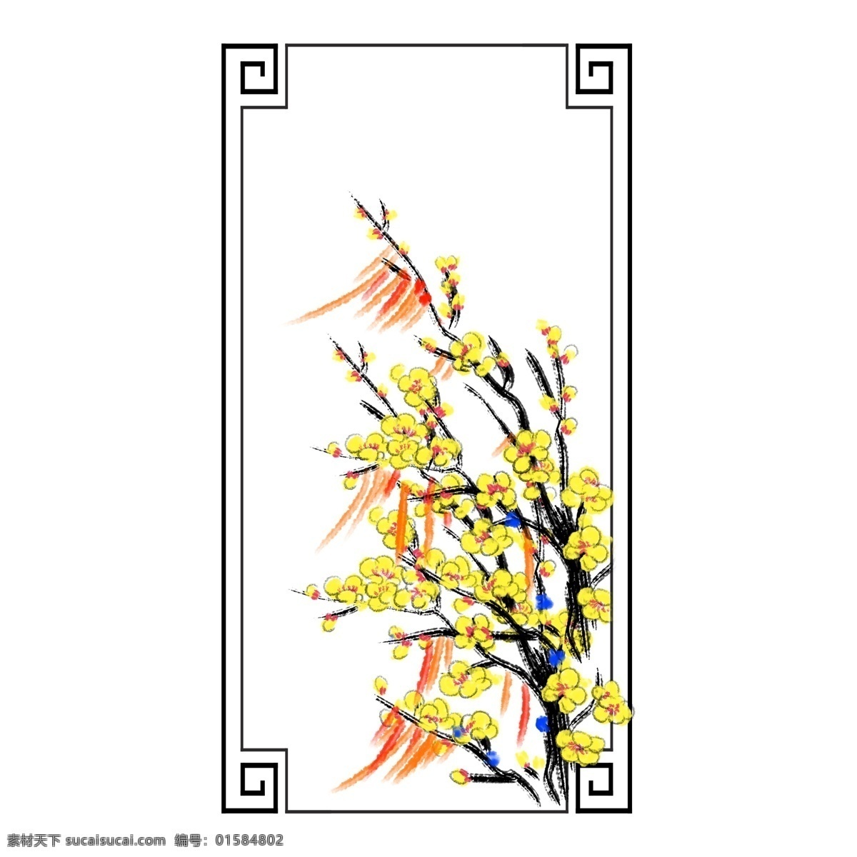 卡通 手绘 中国 风 鲜花 边框 花卉 花瓣 丝带 红色 框架 构架 矩形 长方形 中国风 中式 古风 植物 土培 黄色