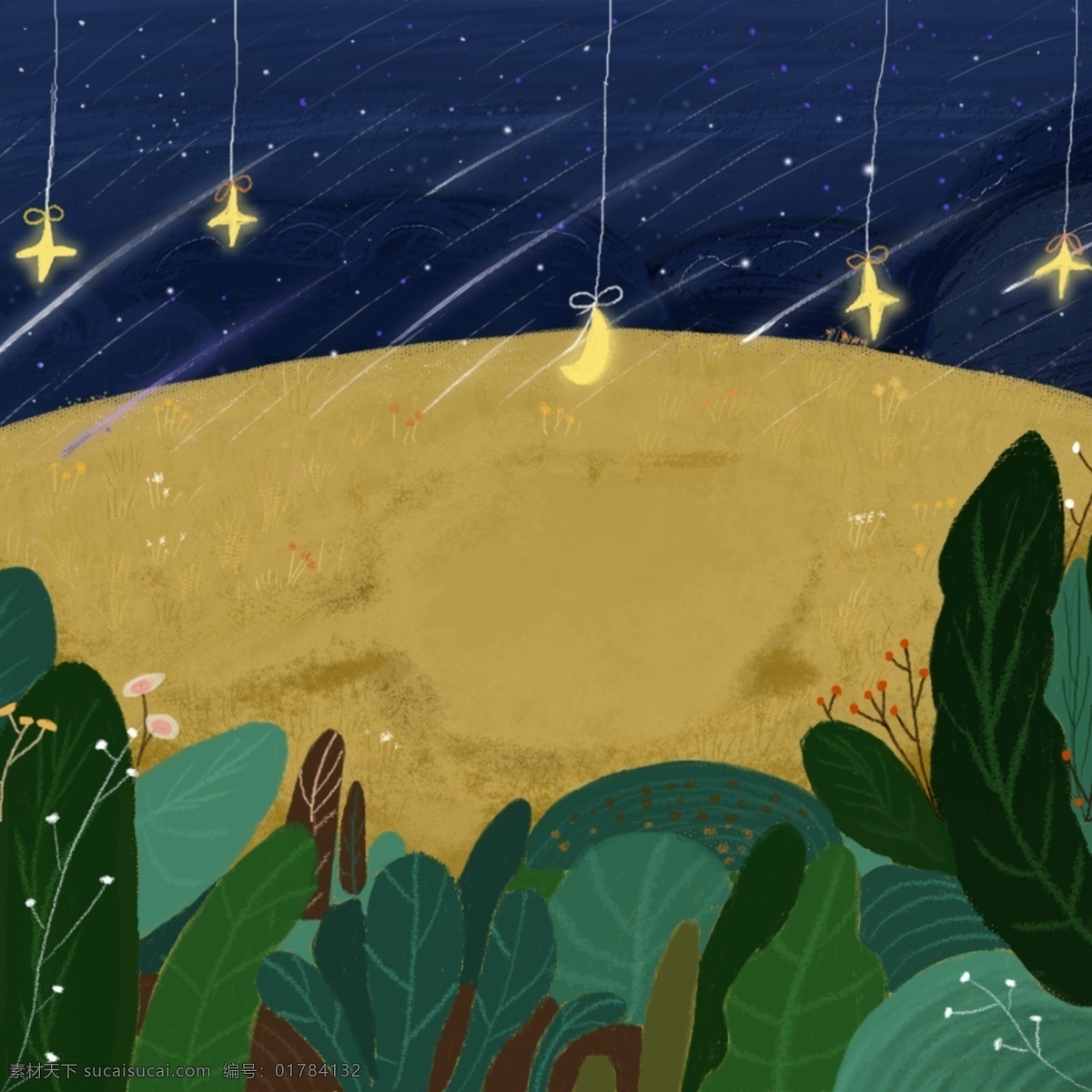 唯美 手绘 植物 天空 流星雨 背景 星空 星星 月亮 草地 植物背景 banner
