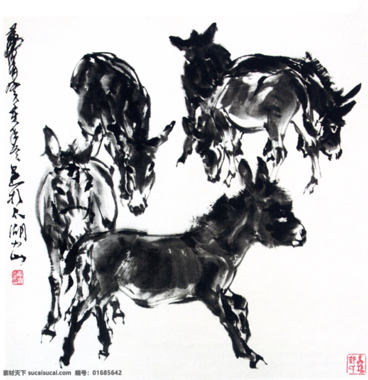 六驴图 黄胄作品 动物国画 动物水墨画 设计素材 人物画篇 中国画篇 书画美术 白色