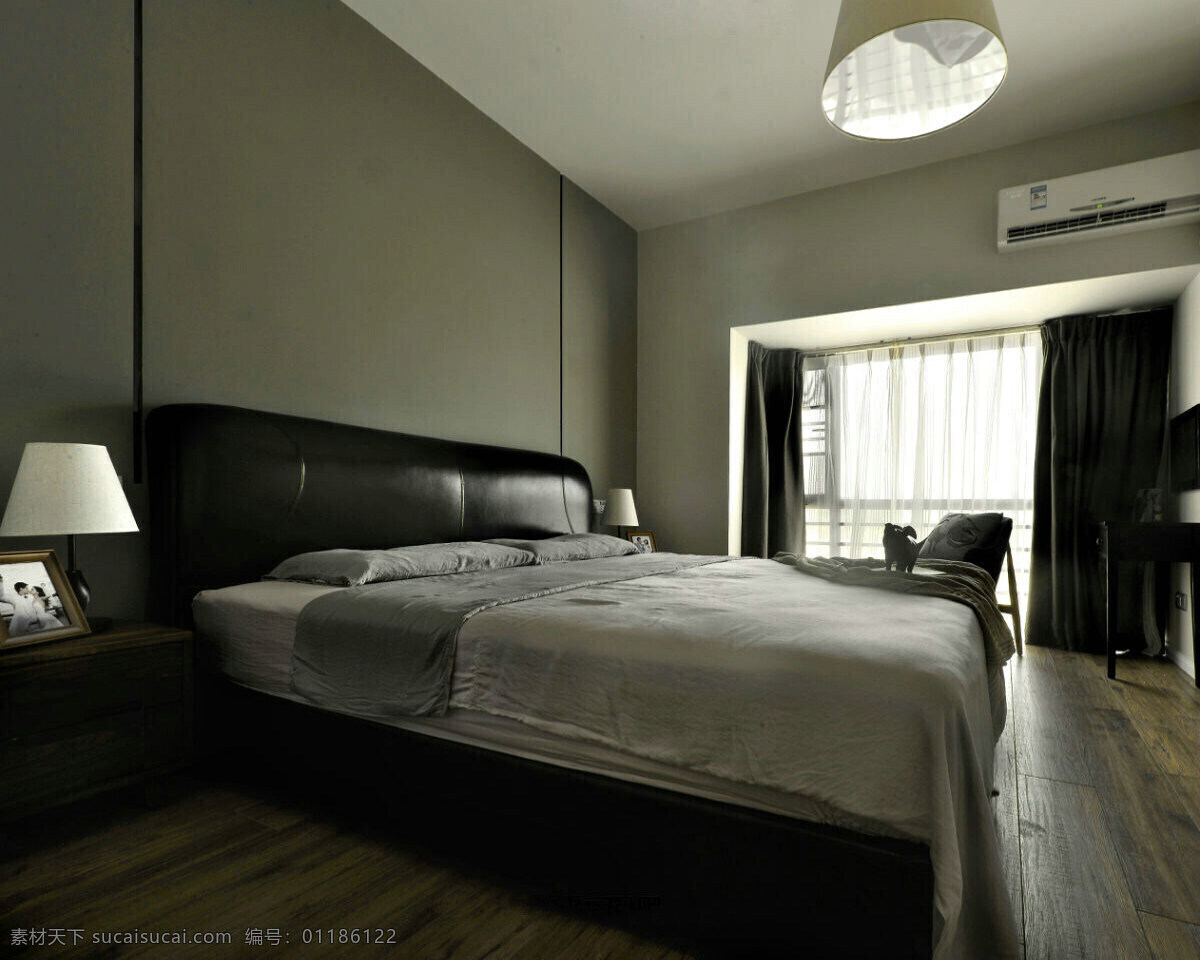 简约 时尚 卧室 吊灯 装修 效果图 窗户 床铺 床头柜 灰色窗帘 灰色墙壁 台灯