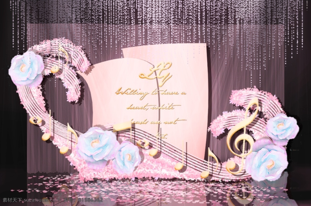 粉色 浪漫婚礼 效果图 浪漫 音乐 音符 纸张 布幔 情书 水晶帘 婚礼迎宾区 花墙