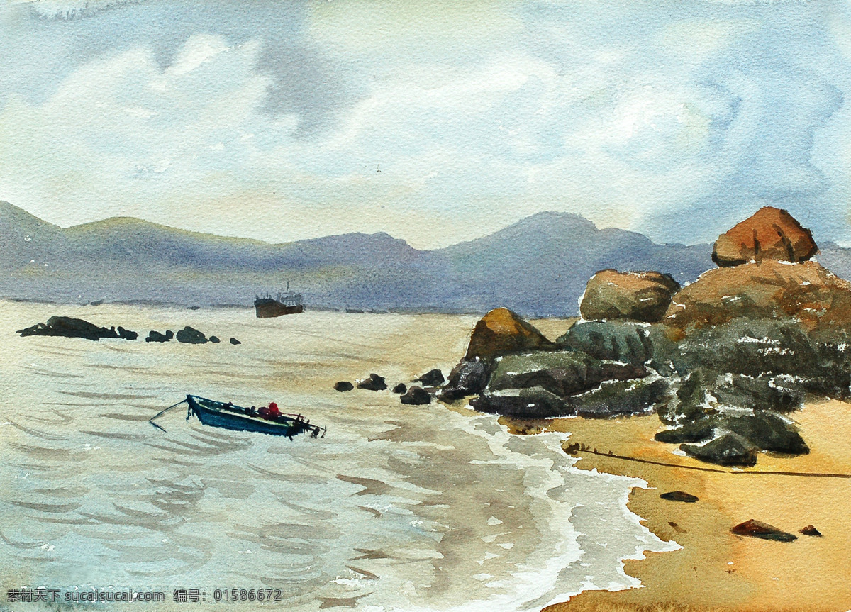 海滩 船只 风景画 海岸 海水 绘画书法 礁石 美术 沙滩 滩 水彩画 水彩画艺术 作品集 文化艺术 psd源文件