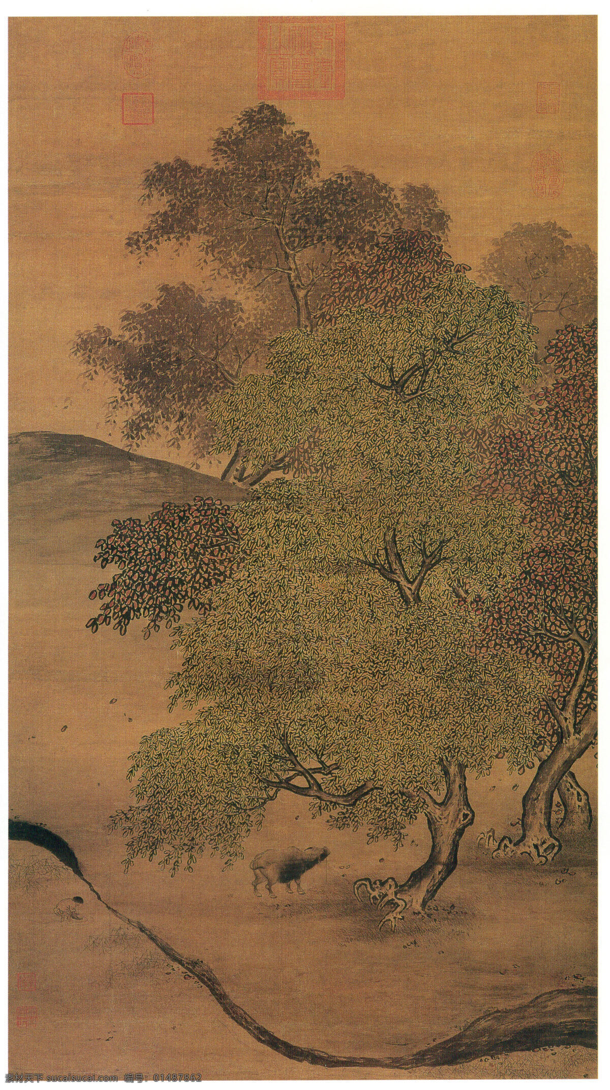 秋林放犊图轴 设计素材 山水画篇 中国画篇 书画美术 棕色