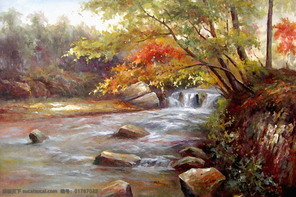 草地 风景区 风景油画 风景 油画 模板下载 枫叶 广告素材 河流 绘画 设计素材 水 树林 石头 优美风景 鲜花 山 精美图片 绘画书法 文化艺术