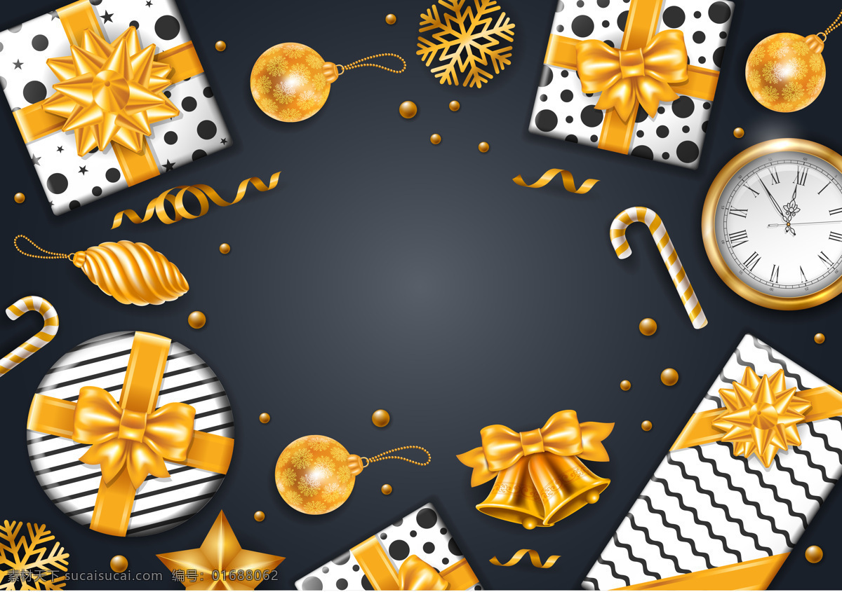 黑色 个性 圣诞节 背景 创意 丝带 星星 金色 修改 铃铛 拐仗 彩球 礼物盒 雪花 时钟