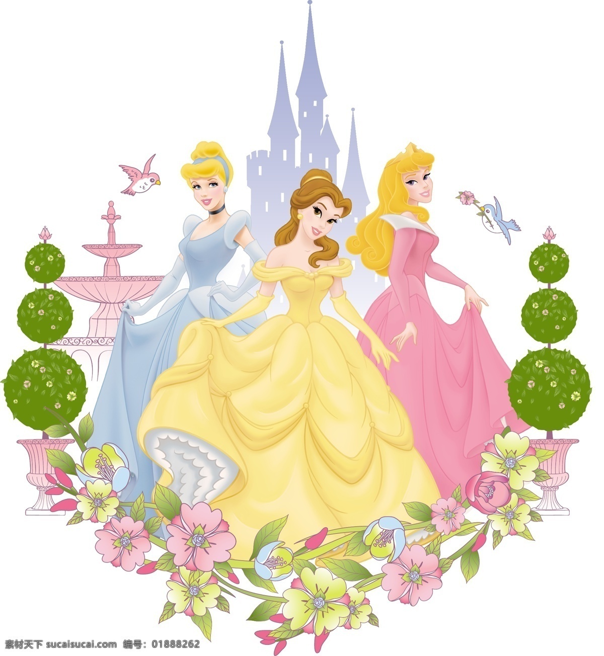 t恤印花 白雪公主 城堡 迪士尼 动画 服装 公主 花朵 印花 女装 童装 卡通 童话 美女 少女 女孩 灰姑娘 睡美人 卡通设计 矢量