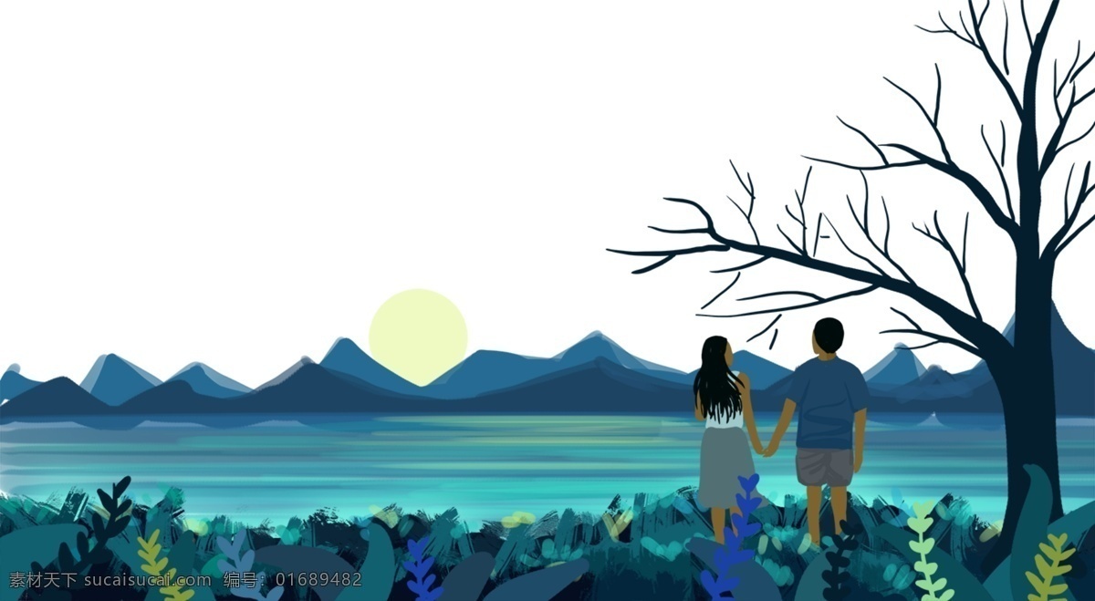 夕阳 下 情侣 风景 手绘 边框 卡通 精美 插画 海报插画 广告插画 小清新 简约风 图案装饰 植物 山峰 湖水