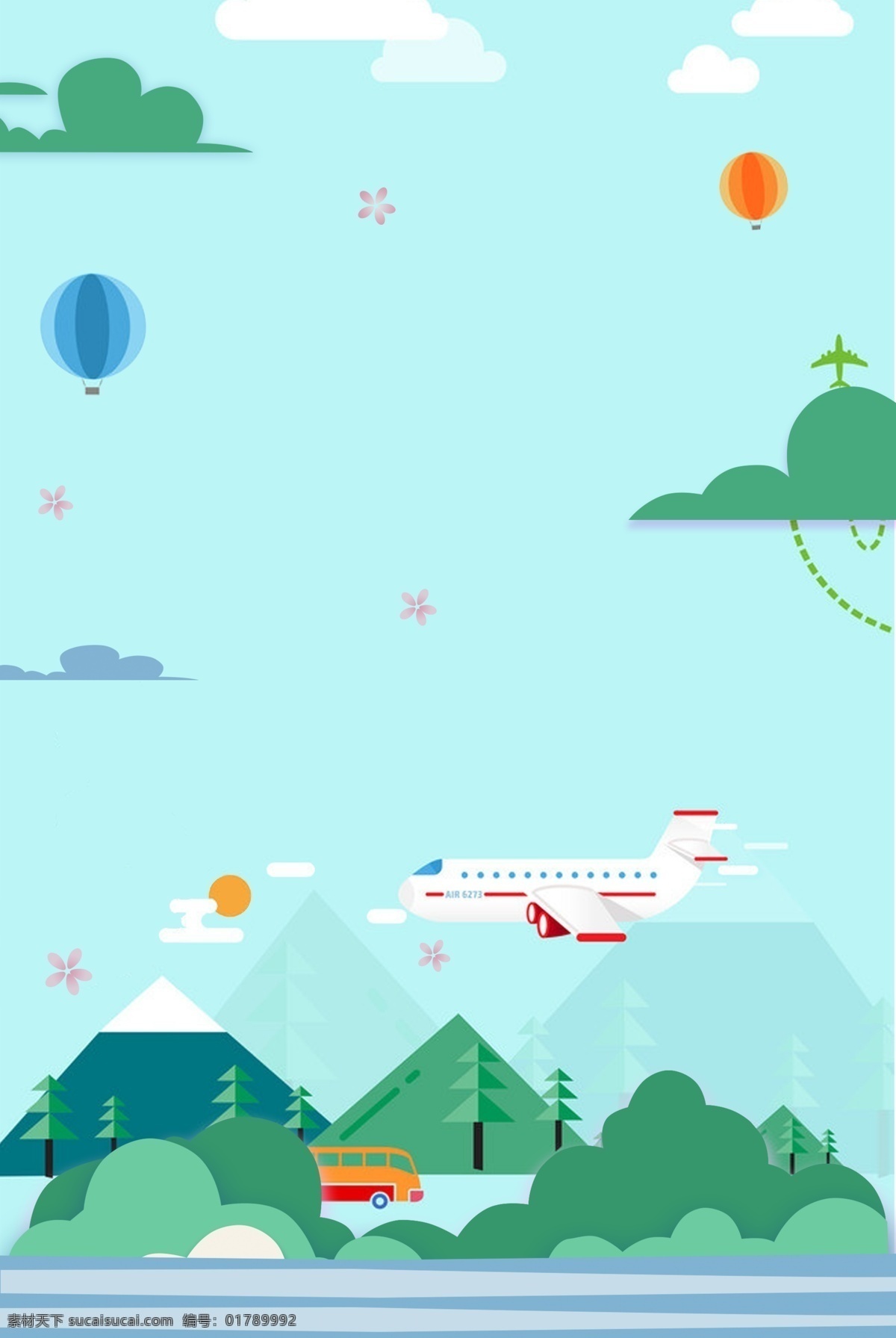 户外 旅游 简约 背景 图 户外运动 气球 飞机 粉色花朵 骑车 绿色森林 山 简约手绘 文艺小清新