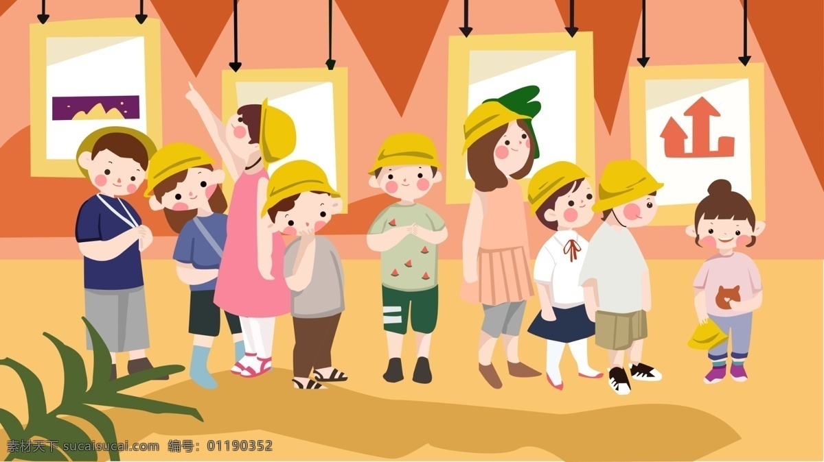 开学 季 老师 带 学生 去 看 画展 插画 开学季 儿童 暖色系