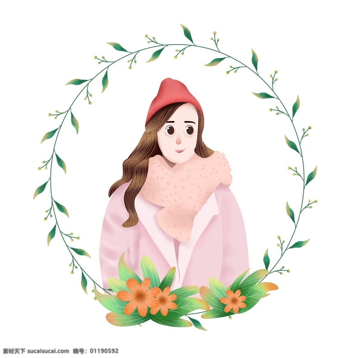 手绘 植物 花环 里 冬日 戴 红帽 女孩 人物 元素 手绘人物 手绘植物 花环边框 植物边框 植物元素 人物元素