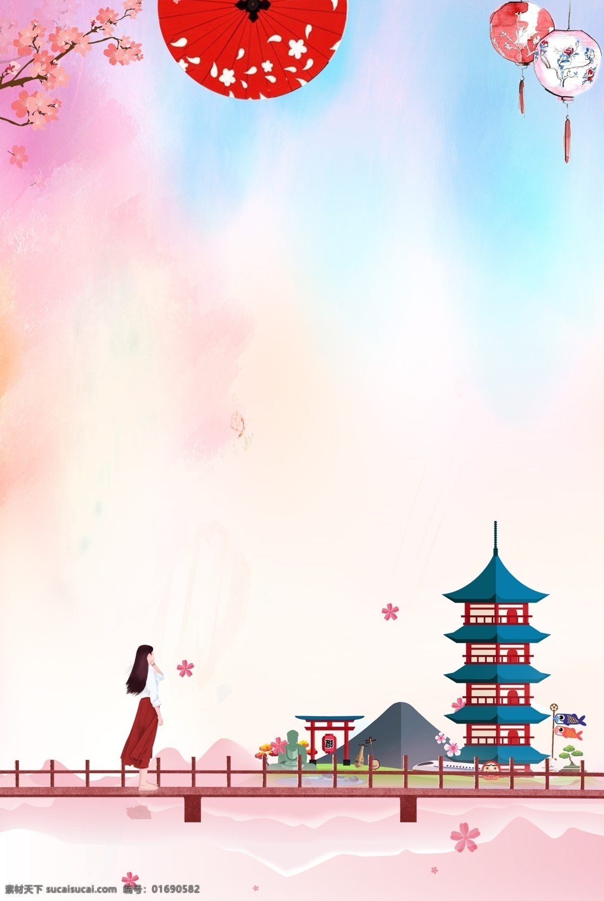 粉色 樱花 日本旅游 海报 日本 建筑 旅游 国庆节 出行 促销海报 背景 女孩 清新