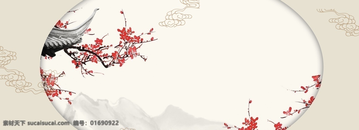 中国 风 山水 banner 中国风 屋檐 褐色 祥云 花朵 简约