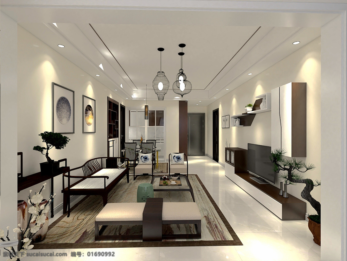 新中式客餐厅 简约 中式 家具 3d设计 3d作品
