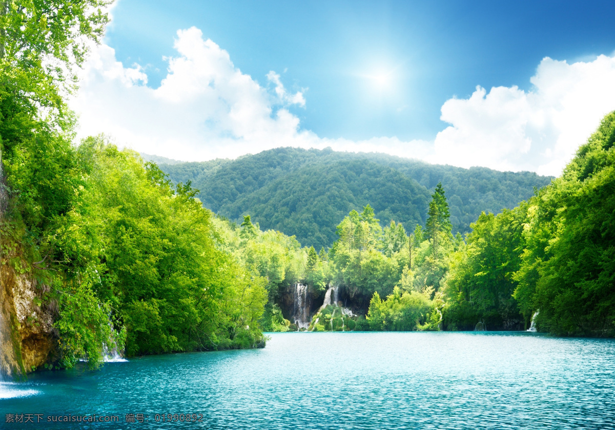美丽 自然 瀑布 风景 美丽大自然 绿叶风景 蓝天白云 远山风景 瀑布风景 贝加尔湖 共享 背景 墙 图案 自然景观 自然风景